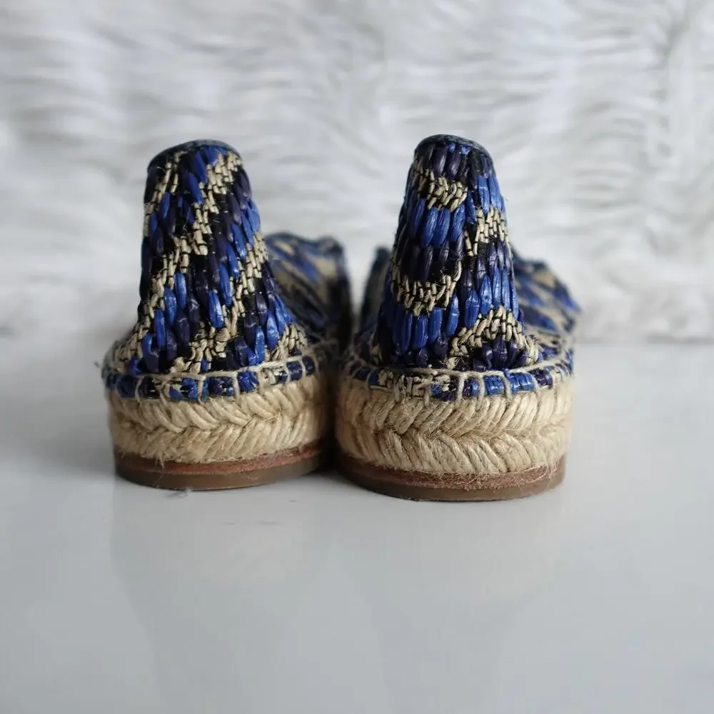 Sarah Flint Andrea Espadrille Loafers Flats Navy Raffia Linen Summer Vacation